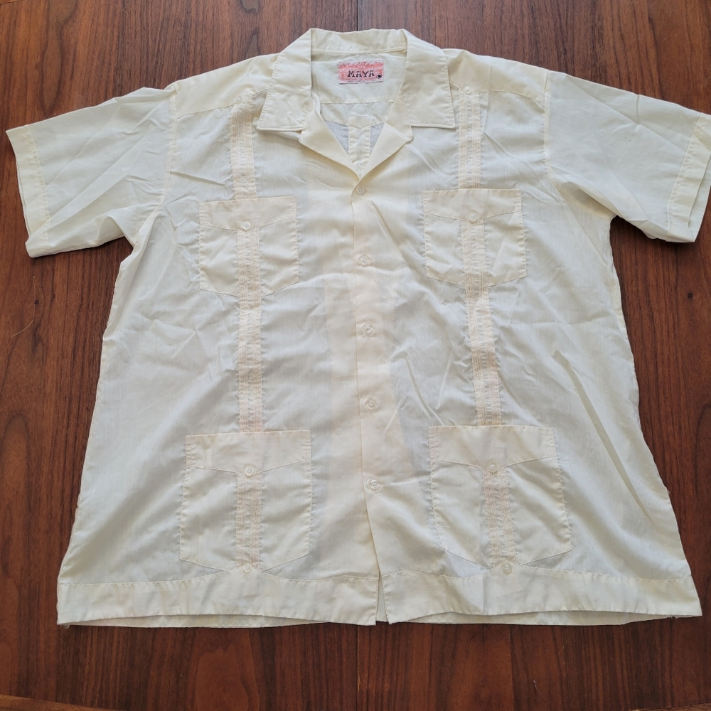 Vintage Guayabera Ivory 4 Pocket Wedding Barber Shirt Maya XL